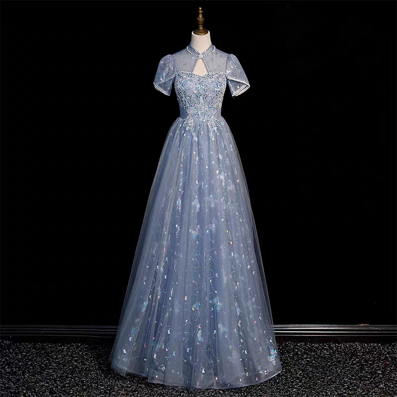 Ethnic Style Dresses - Elegant Blue Stage Performance Dress for